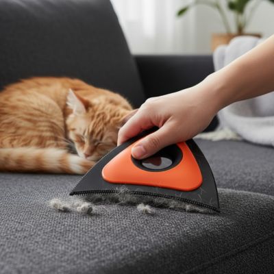 brosse anti poil triangulaire orange et noire ramassant des poils sur un canapé gris, près d’un chat roux endormi