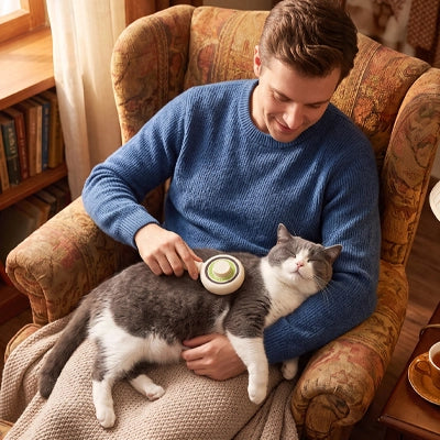 Brosse pour Chat utilisée par un homme assis dans un fauteuil sur un chat gris et blanc.