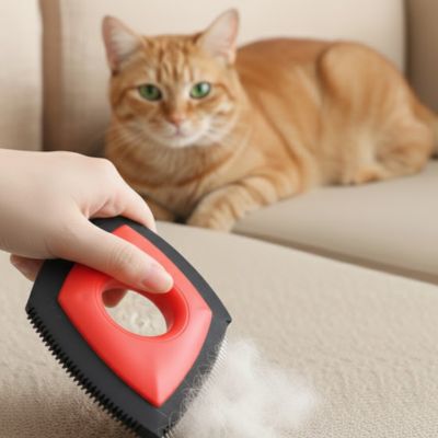 brosse anti poil rouge et noire utilisée sur un canapé beige, devant un chat roux.
