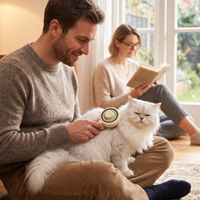 Brosse pour Chat utilisée par un homme sur un chat blanc à poils longs installé sur ses genoux.