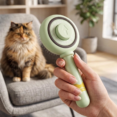 Brosse pour Chat vert menthe tenue en main, vue côté bouton, avec un chat en arrière-plan.