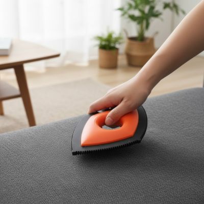 brosse anti poil orange et noire passée à la main sur l’assise d’un canapé gris