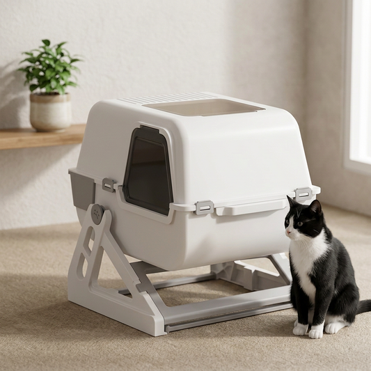 Litière automatique avec un chat noir et blanc dans le salon 
