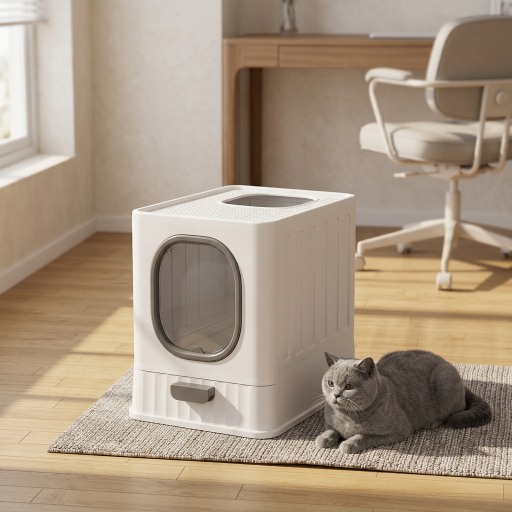 Maison de toilette pour chat blanc et gris dans un bureau avec un chat gris
