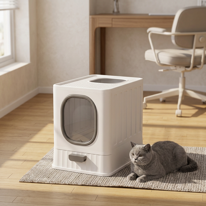 Maison de toilette pour chat blanc et gris dans un bureau avec un chat gris
