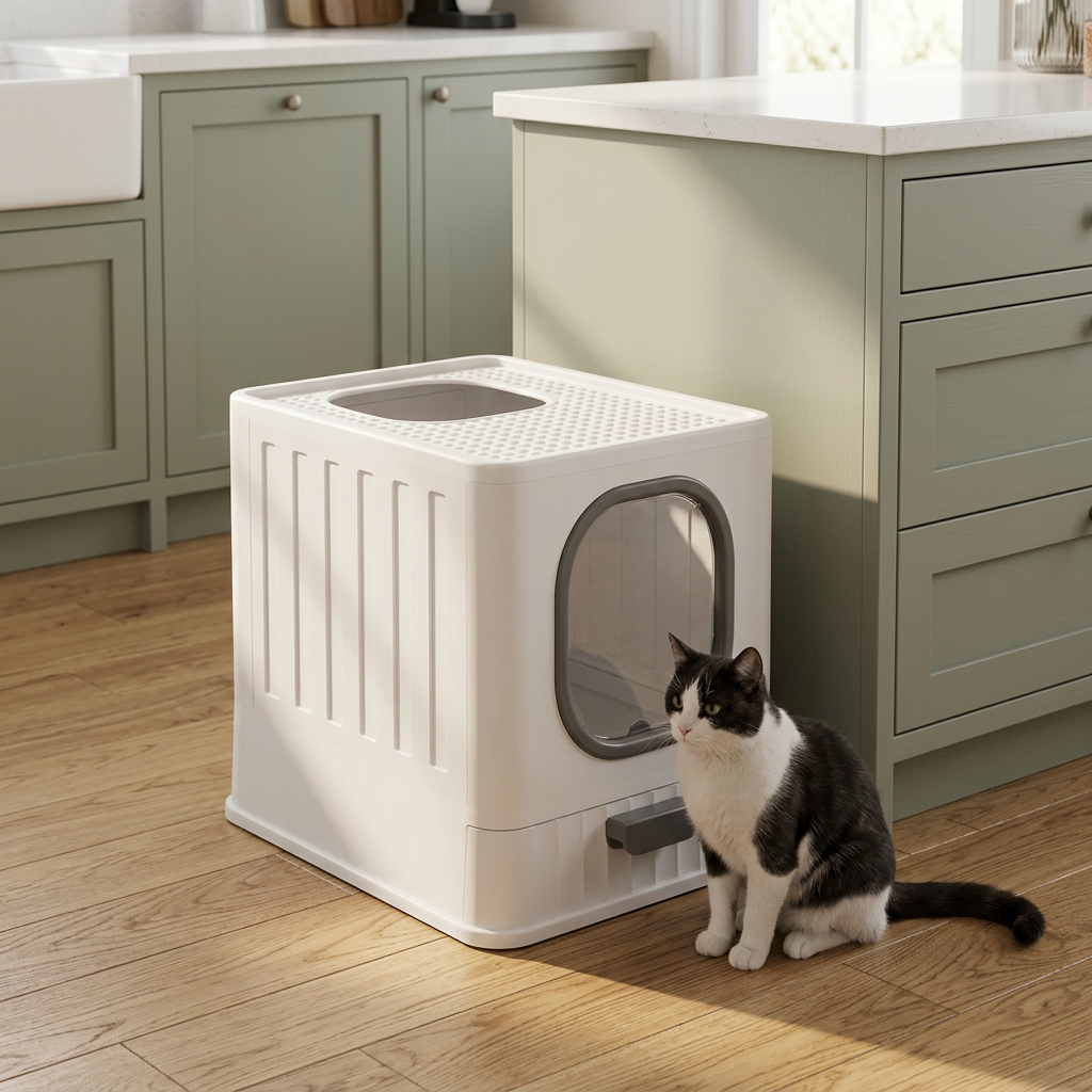 Maison de toilette pour chat blanc et gris spacieux et anti odeur 