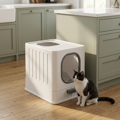 Maison de toilette pour chat blanc et gris spacieux et anti odeur 