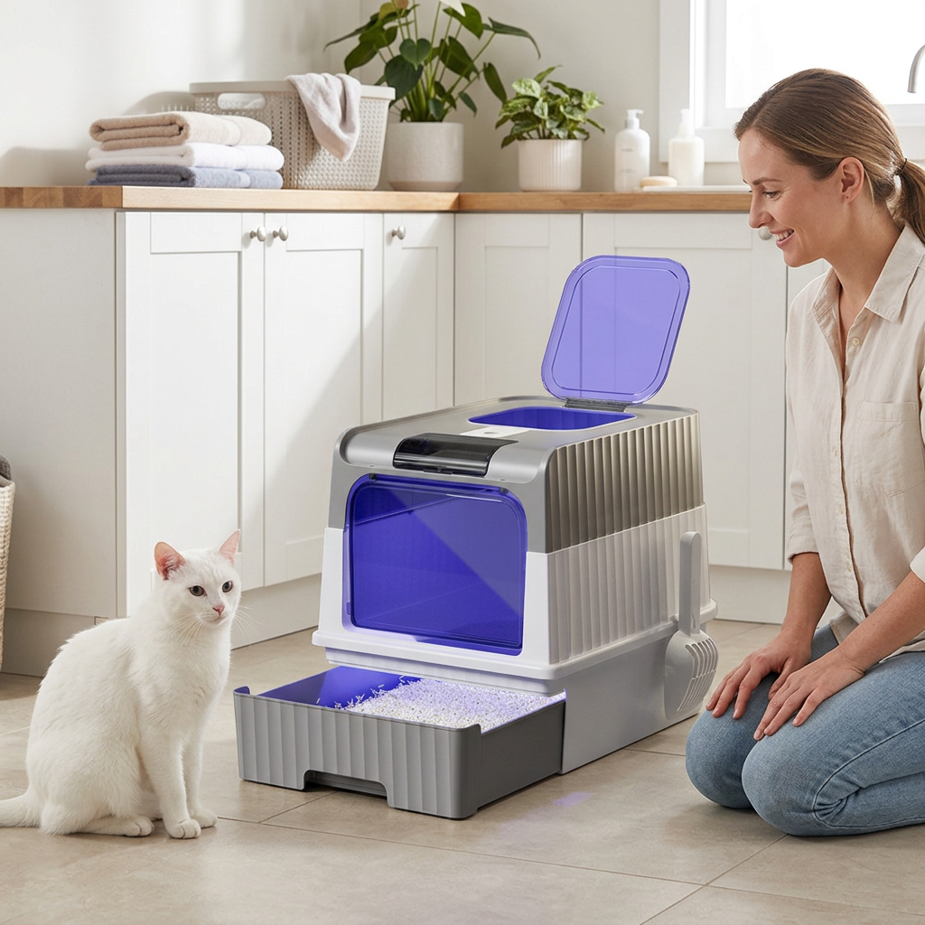 Maison de toilette pour chat, tiroir à litière sorti et trappe supérieure ouverte
