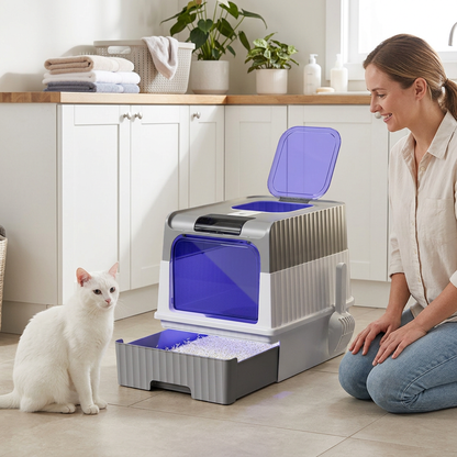 Maison de toilette pour chat, tiroir à litière sorti et trappe supérieure ouverte