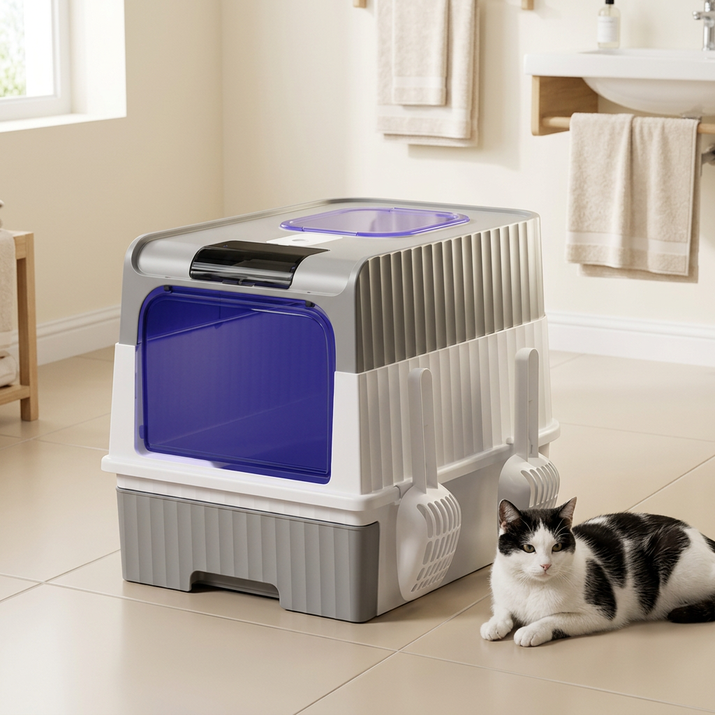  Maison de toilette pour chat grise avec lampe uv à côté d’un chat noir et blanc allongé sur le carrelage.