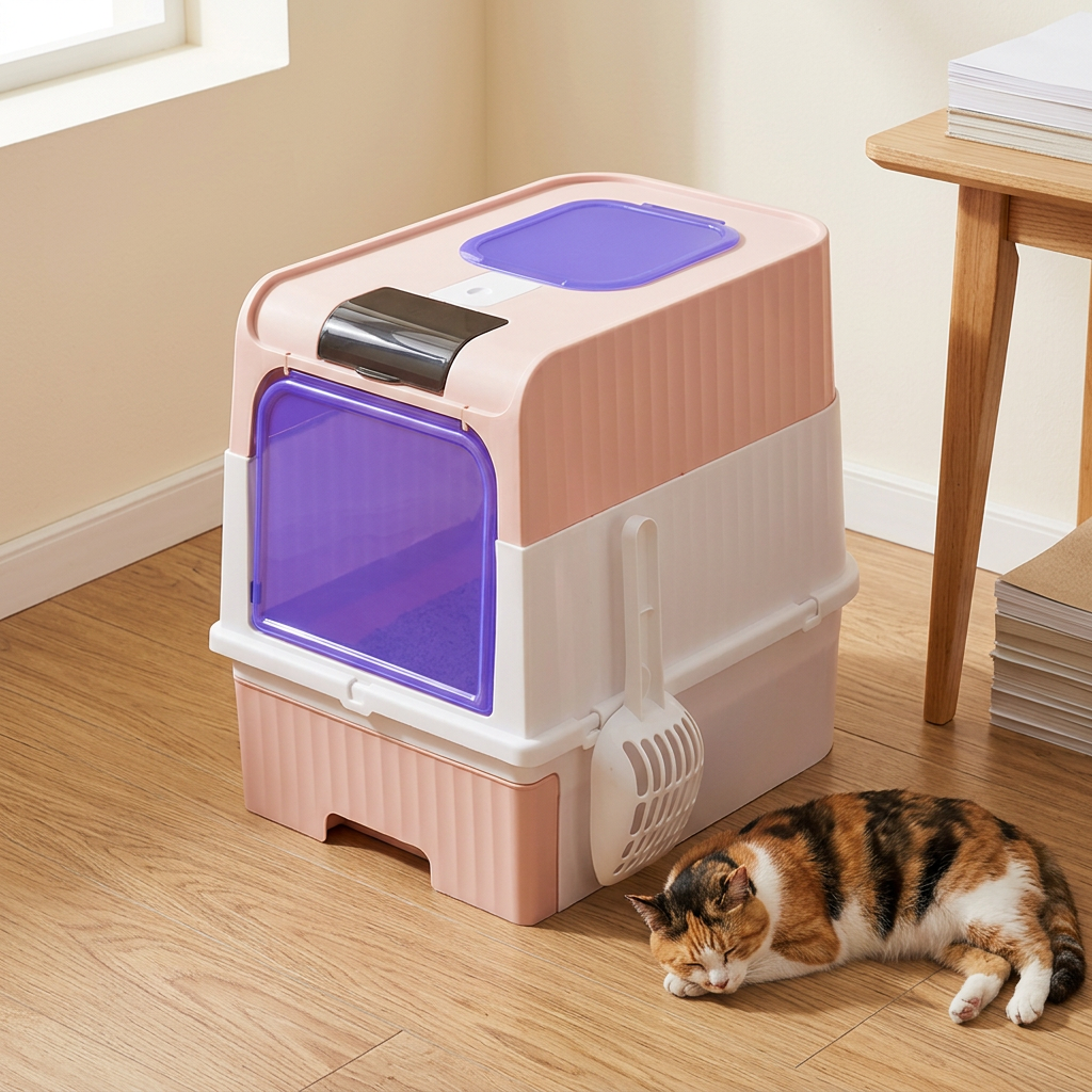 Maison de toilette pour chat rose lampe uv à côté d’un chat tricolore