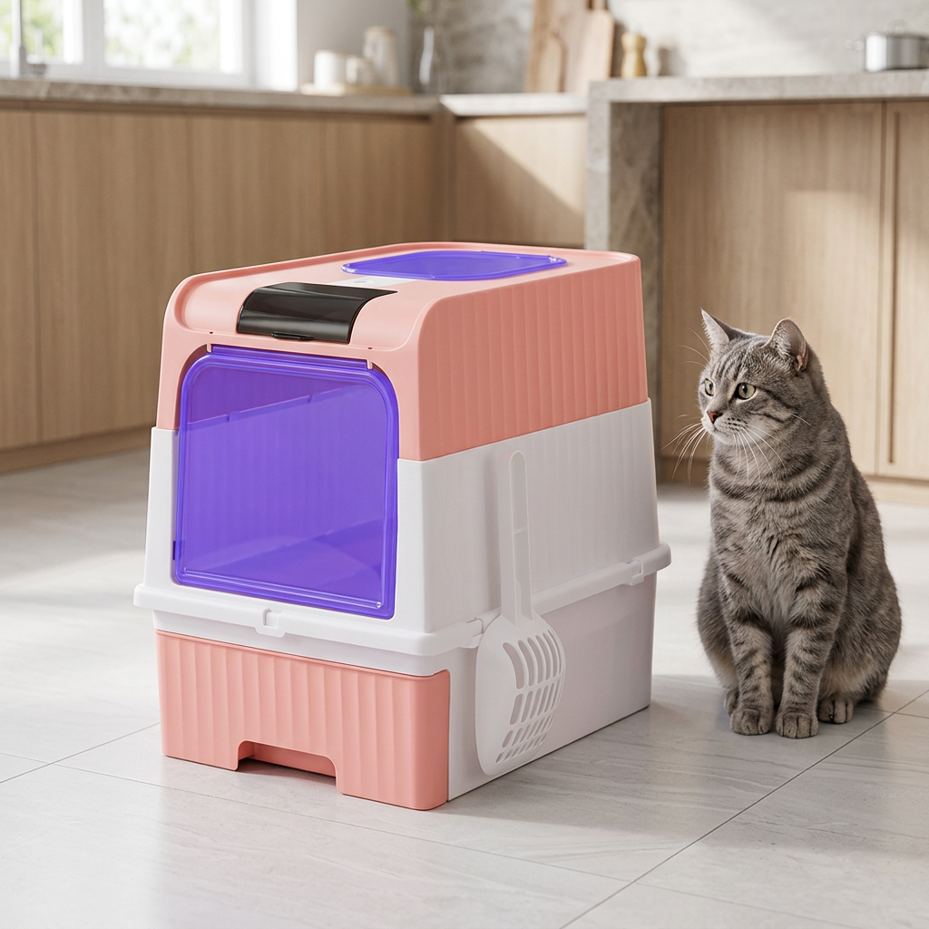 Maison de toilette pour chat rose lampe uv et pelle latérale, à côté d’un chat tigré gris dans une cuisine.