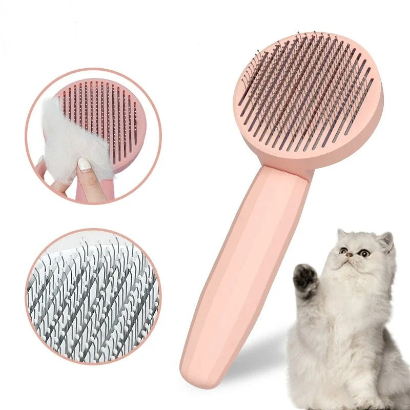 Brosse pour Chat rose, avec détails des picots et du retrait des poils.