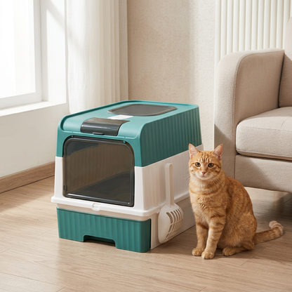 Maison de toilette pour chat vert dans un salon avec chat roux confortable 