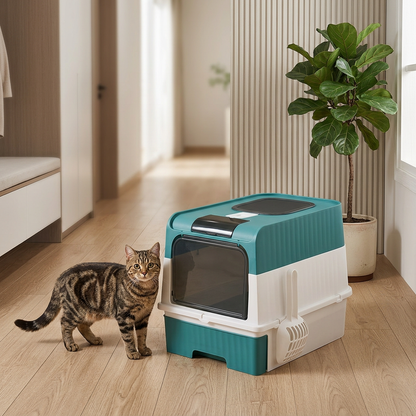 Maison de toilette pour chat vert dans une entrée avec chat tigré à côté