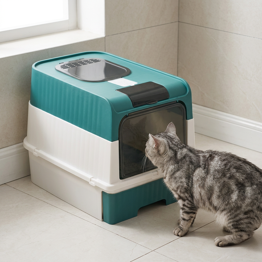 Maison de toilette pour chat vert dans une salle de bain avec chat qui renifle