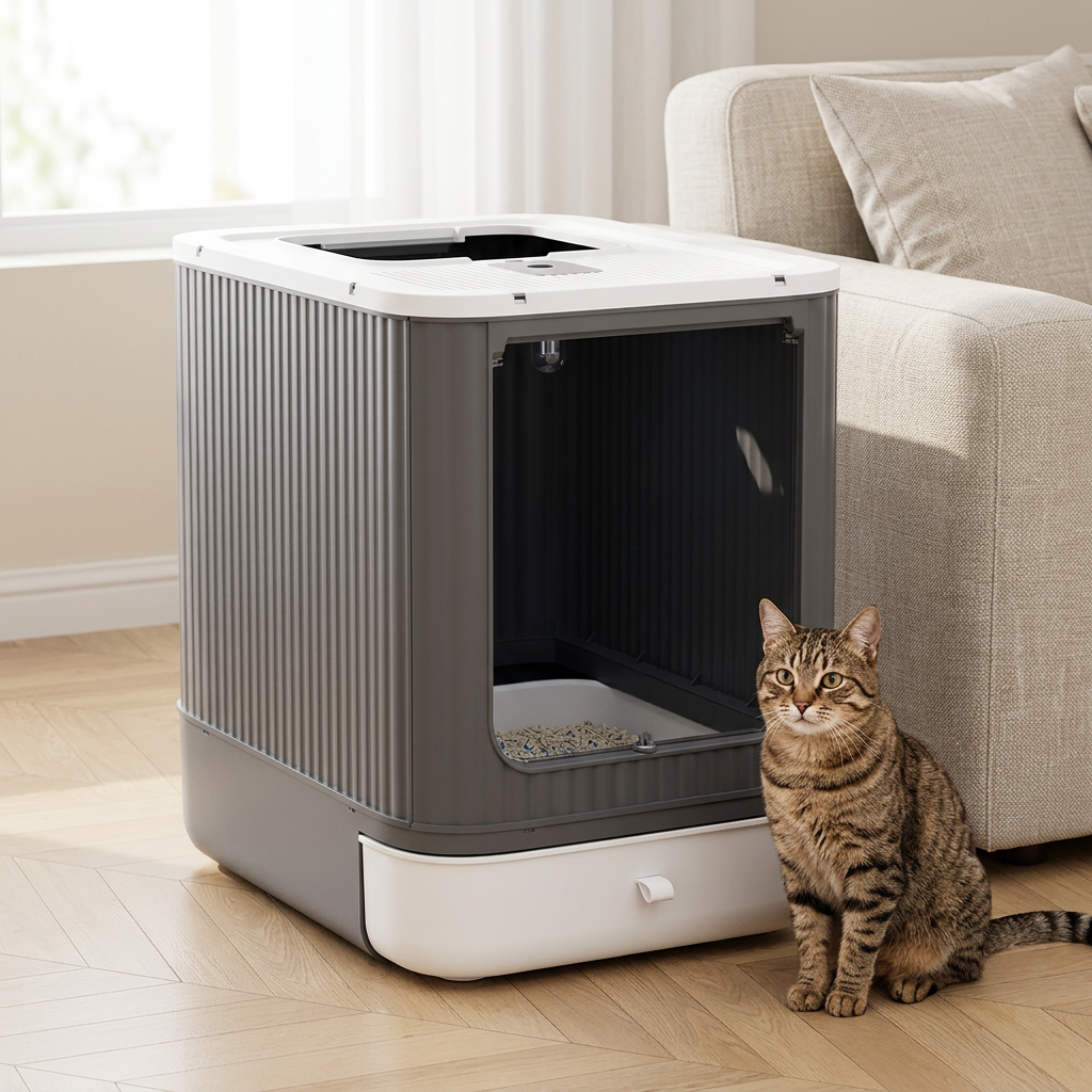 maison de toilette pour chat dans un salon