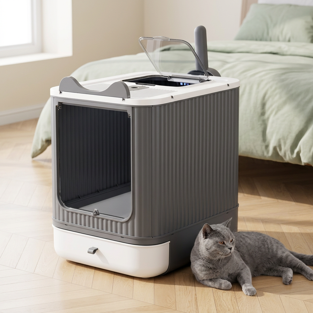 maison de toilette pour chat dans une chambre spacieuse