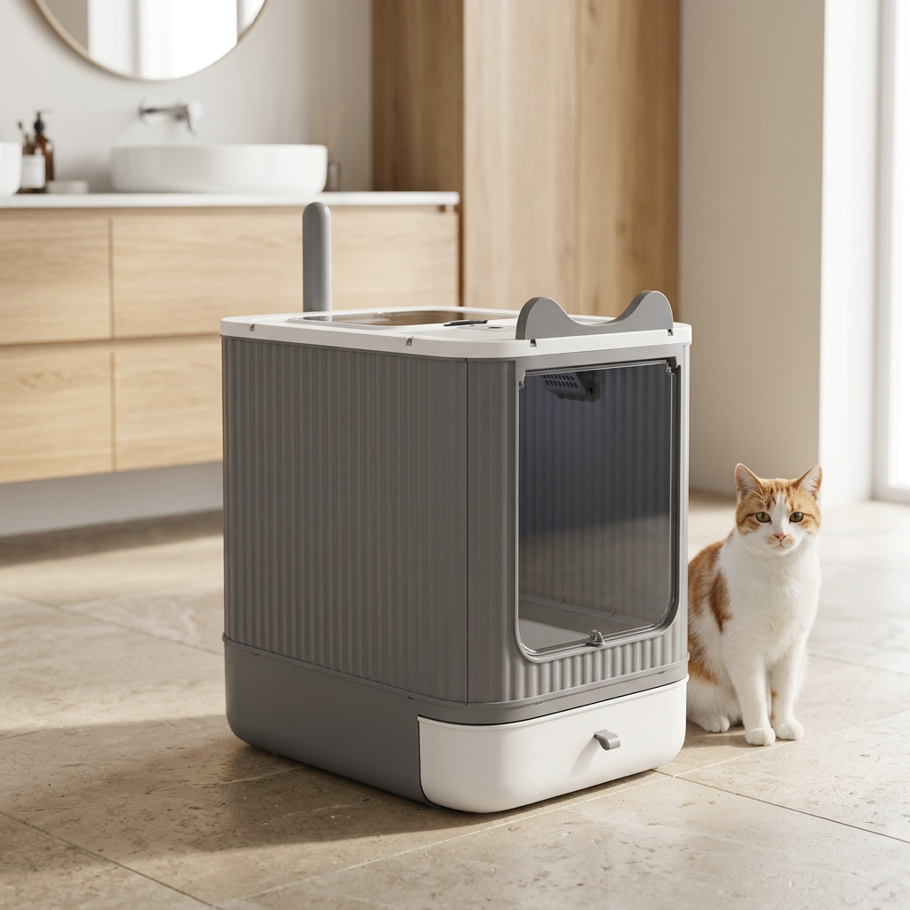 maison de toilette pour chat dans une salle de bains, chat roux et blanc à côté