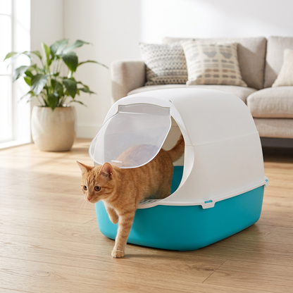 Maison de toilette pour chat bleu avec chat roux dans un salon