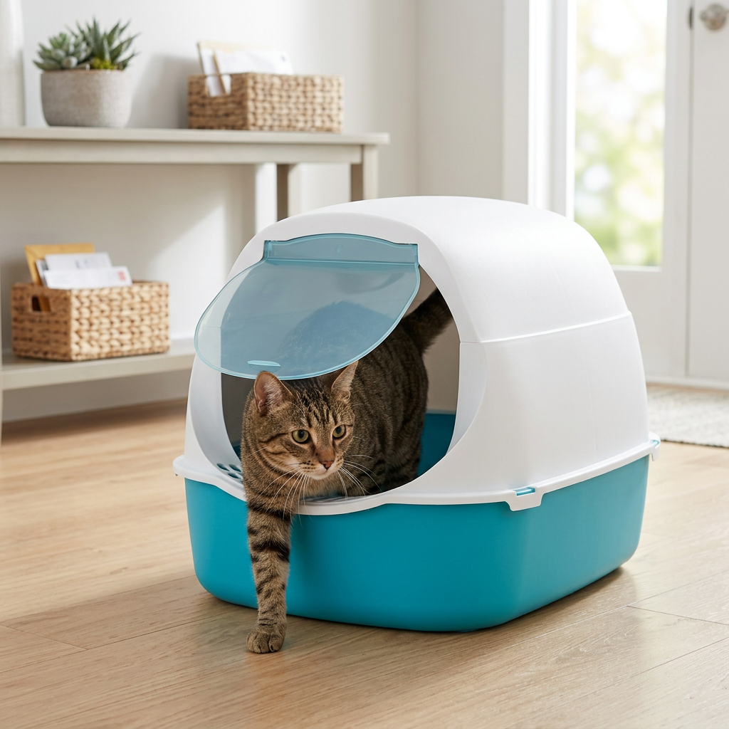 Maison de toilette pour chat bleu avec chat tigré sort de la litière 