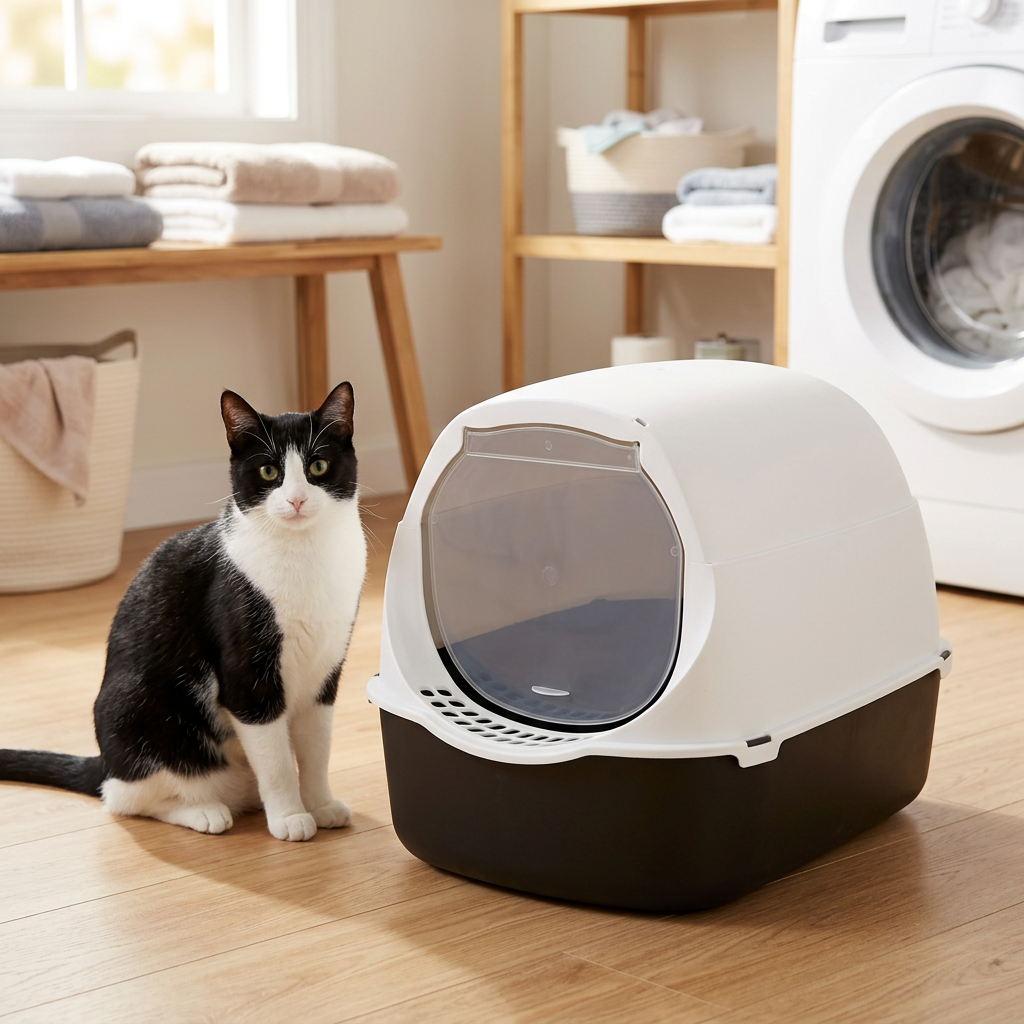 Maison de toilette pour chat noir avec chat noir et blanc dans une buanderie