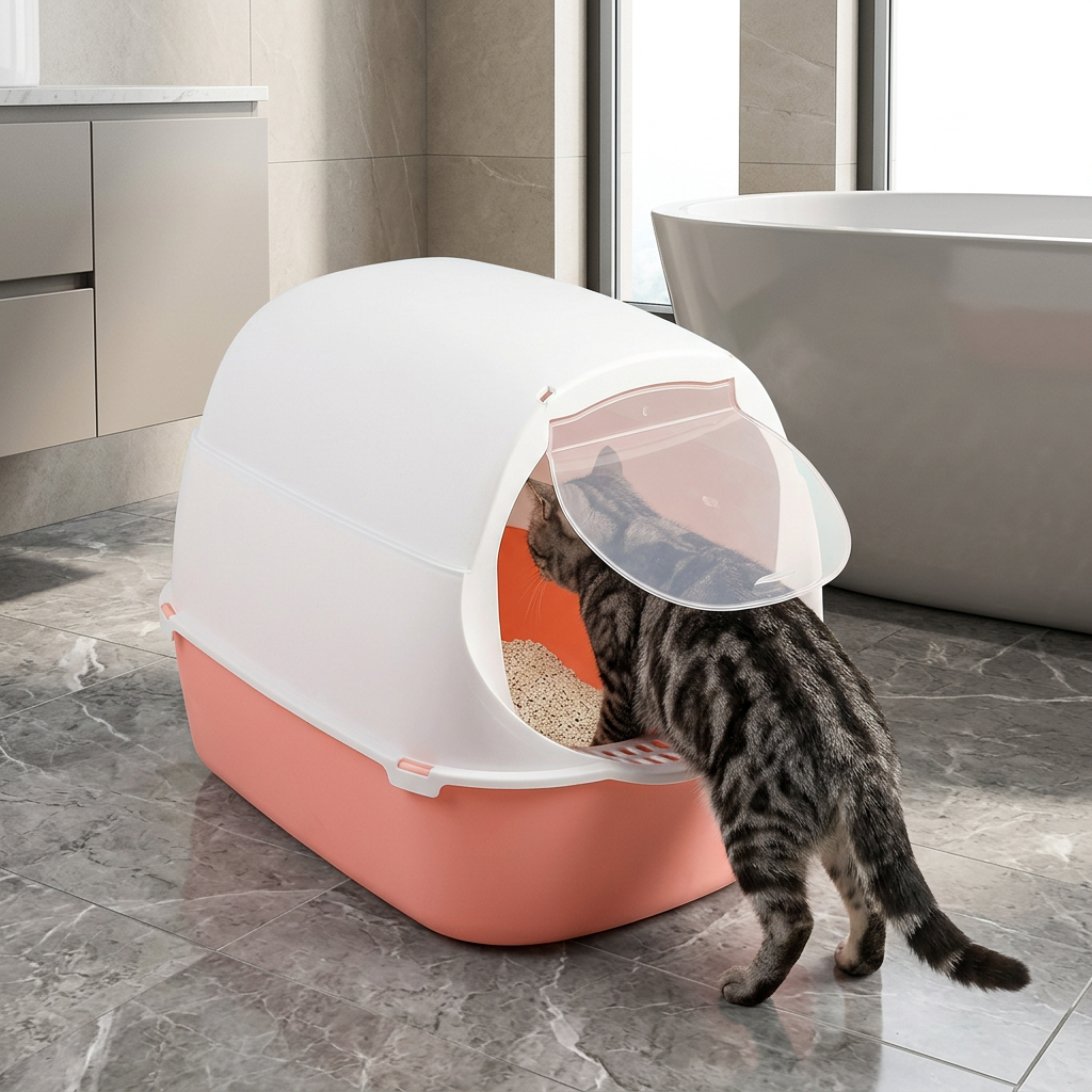 Maison de toilette pour chat rose avec chat tigré dans une salle de bains