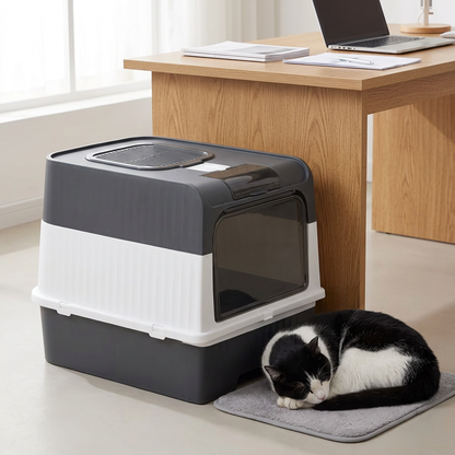 Maison de toilette pour chat avec un chat noir et blanc dormant à côté d’un bureau en bois