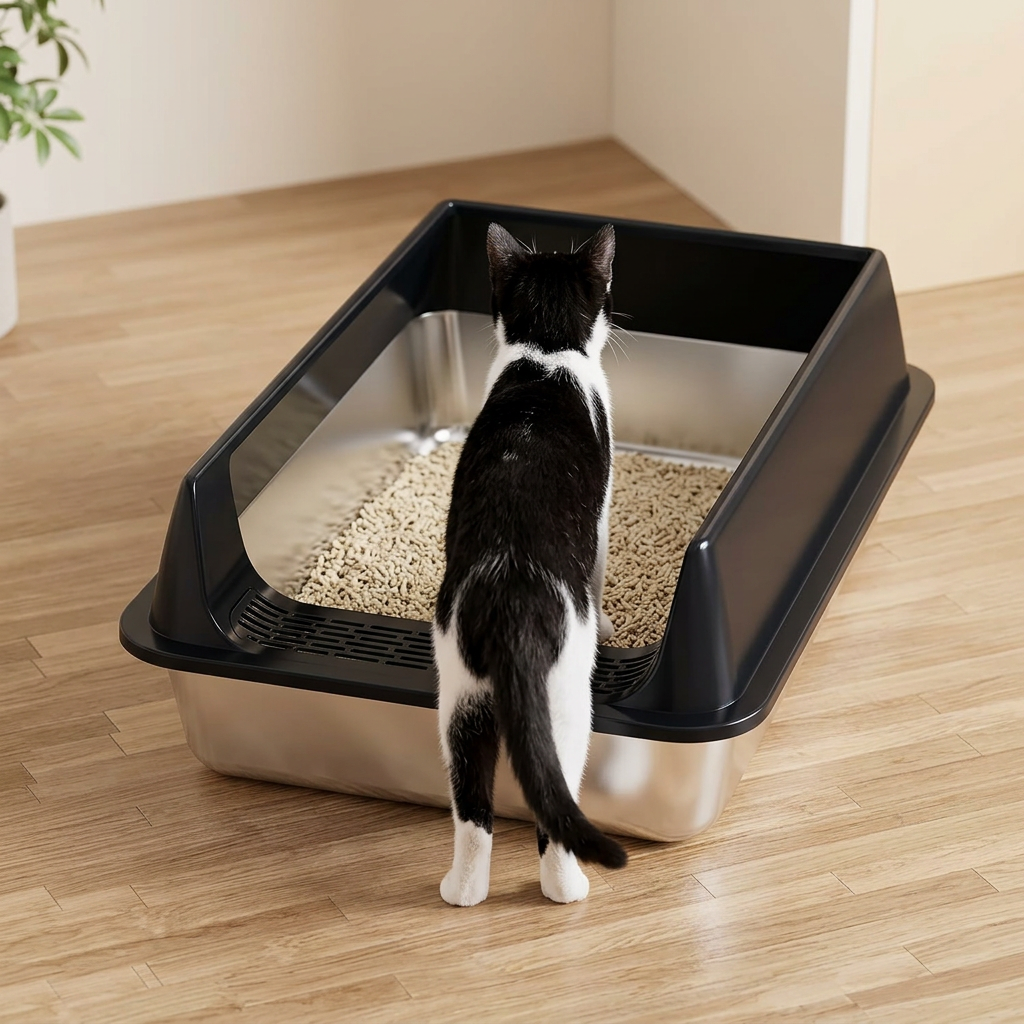 Bac à litière chat avec rebords noirs, chat noir et blanc entrant dans le bac.