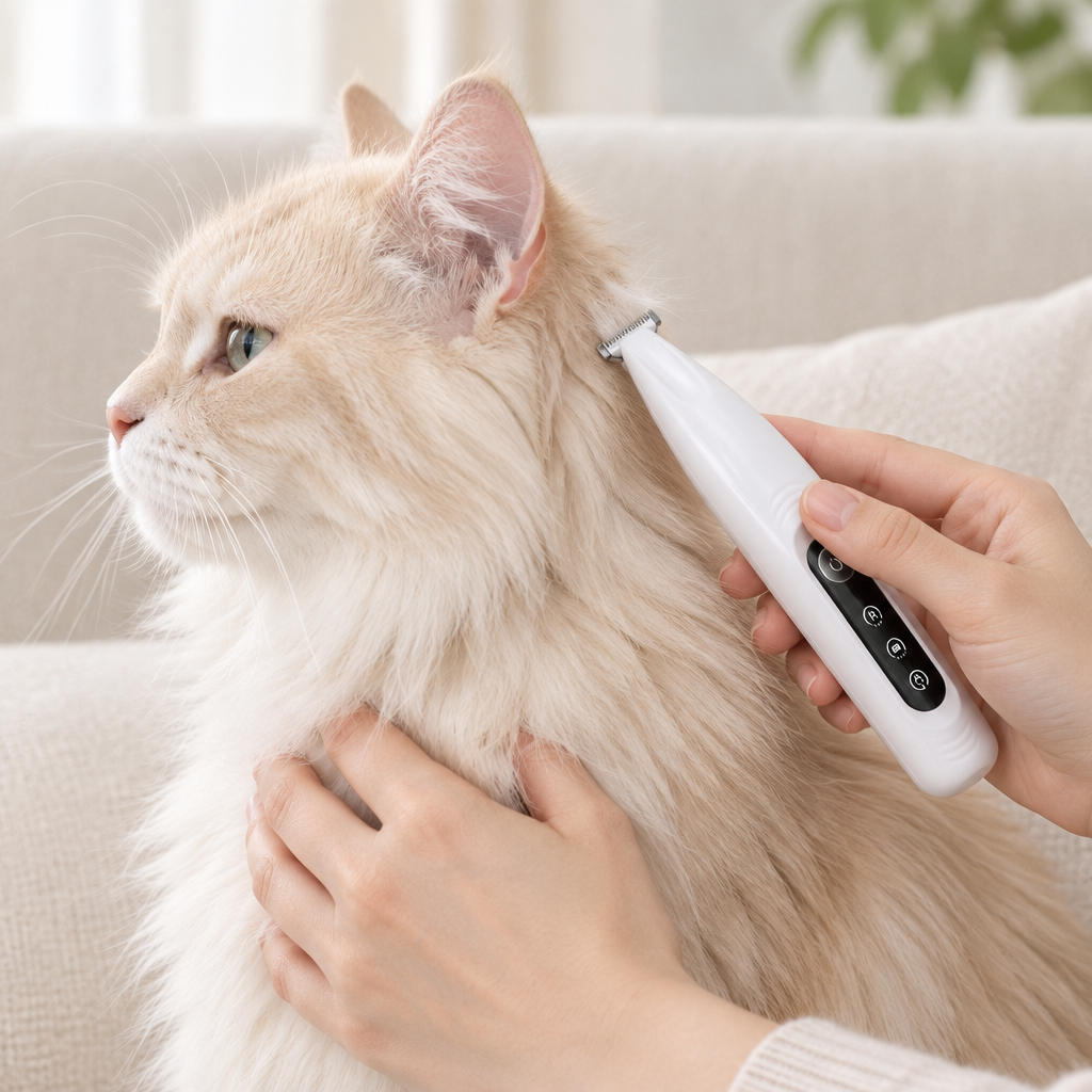 Nouvelle version, poils derrière l’oreille d’un chat crème