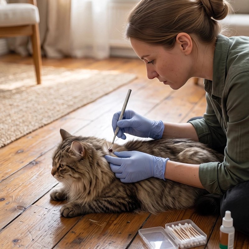 Pince à tique enlève une tique sur le chat 