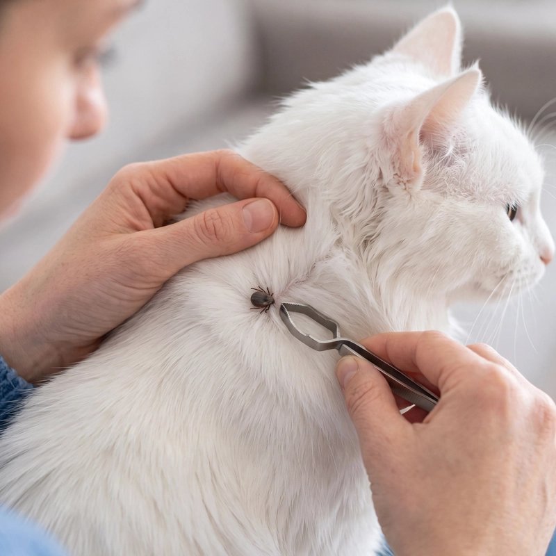 Pince à tique maître retire les tiques sur chat blanc 