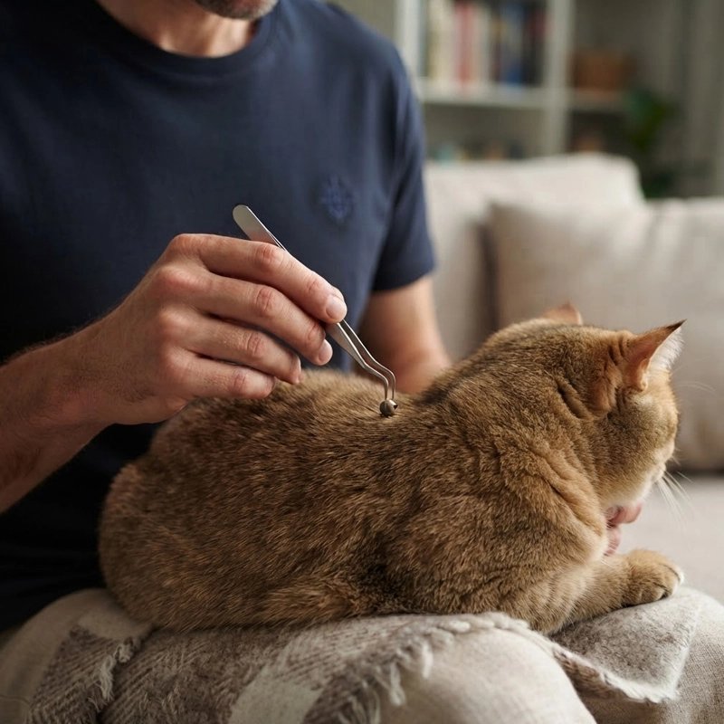 Pince à tique maître utilise la pince sur son chat 
