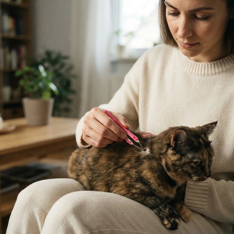 Pince à tique rose maître utilise la pince sur le chat 