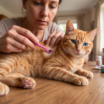 Pince à tique rose retire une tique sur le chat 