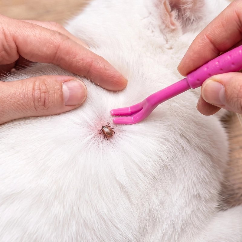 Pince à tique rose retire une tique sur le chat 