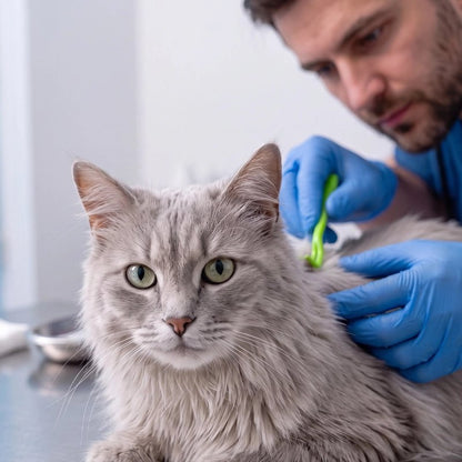 Pince à tique vert retire une tique sur le chat 