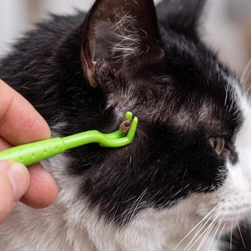 Pince à tique vert retire une tique sur le chat 