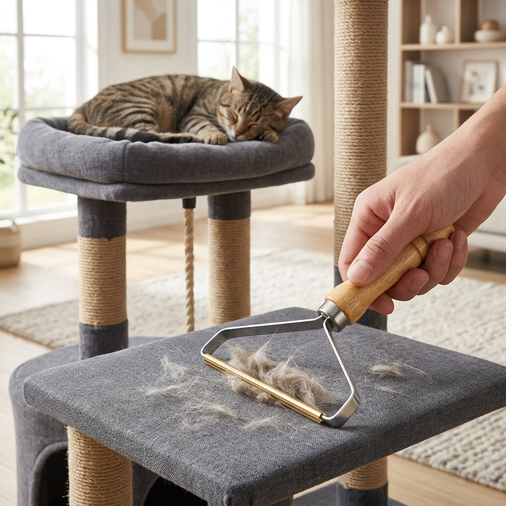 Retrait des poils sur l’arbre à chat avec la brosse à manche en bois