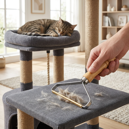 Retrait des poils sur l’arbre à chat avec la brosse à manche en bois