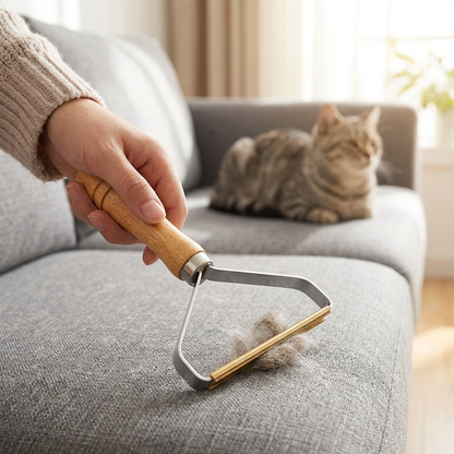Retrait des poils sur le canapé, avec le chat en arrière-plan