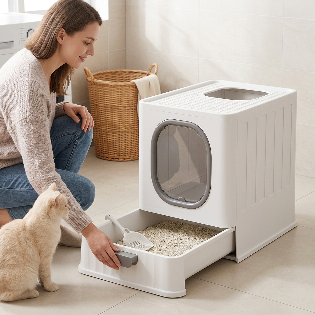 Maison de toilette pour chat blanc et gris avec femme qui nettoie le tiroir 