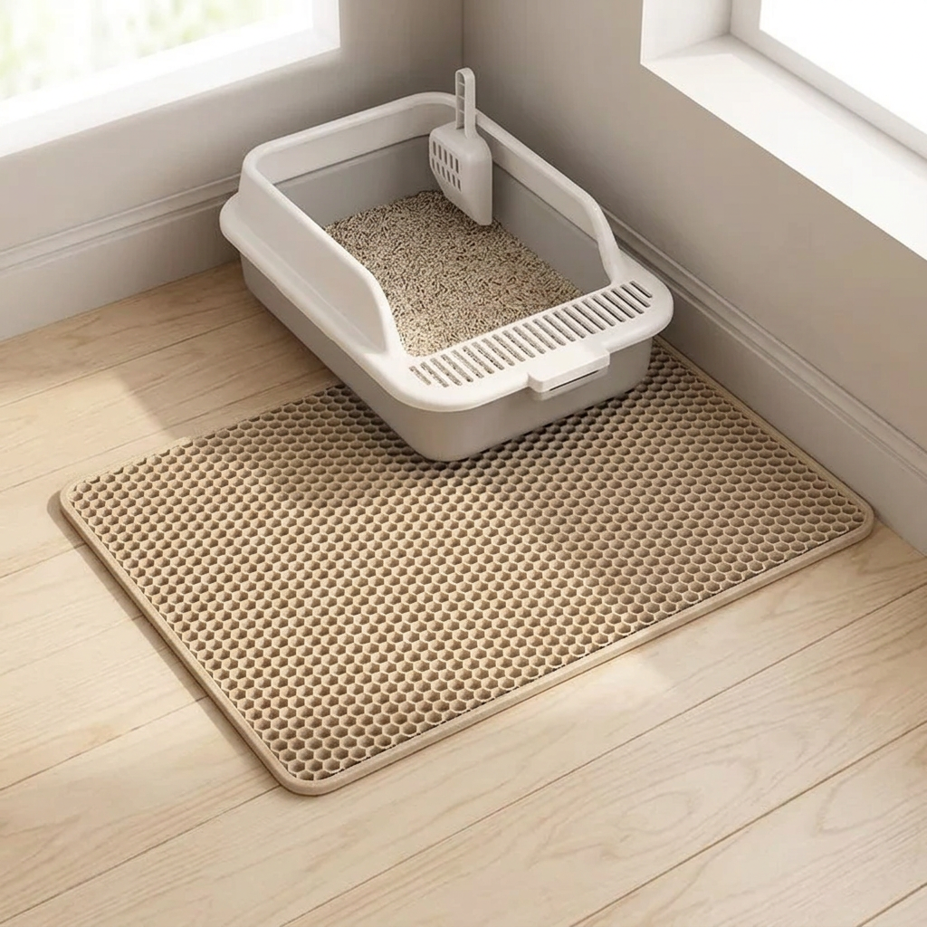  Tapis de litière chat khaki à surface alvéolée, installé sous un bac à litière blanc et gris.