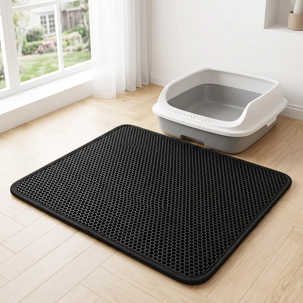 Tapis de litière chat noir à surface alvéolée, placé devant un bac à litière sur un parquet clair.
