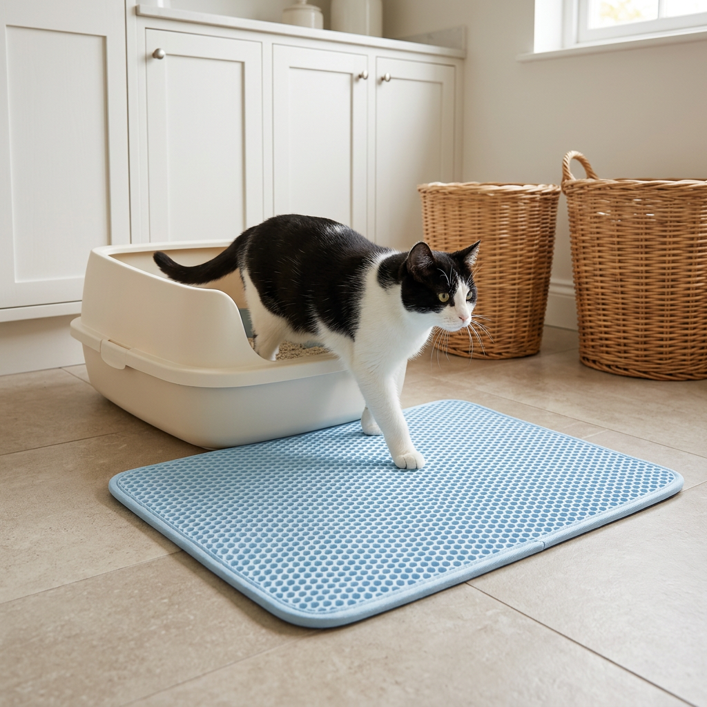 Tapis litière chat bleu devant un bac à litière, avec un chat noir et blanc qui en sort dans une pièce de rangement.