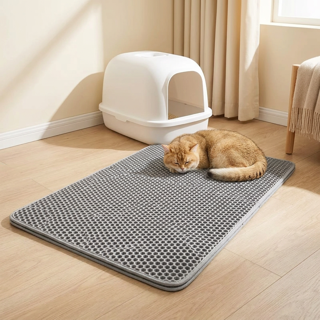 Tapis litière chat gris avec un chat doré couché devant son bac dans une chambre