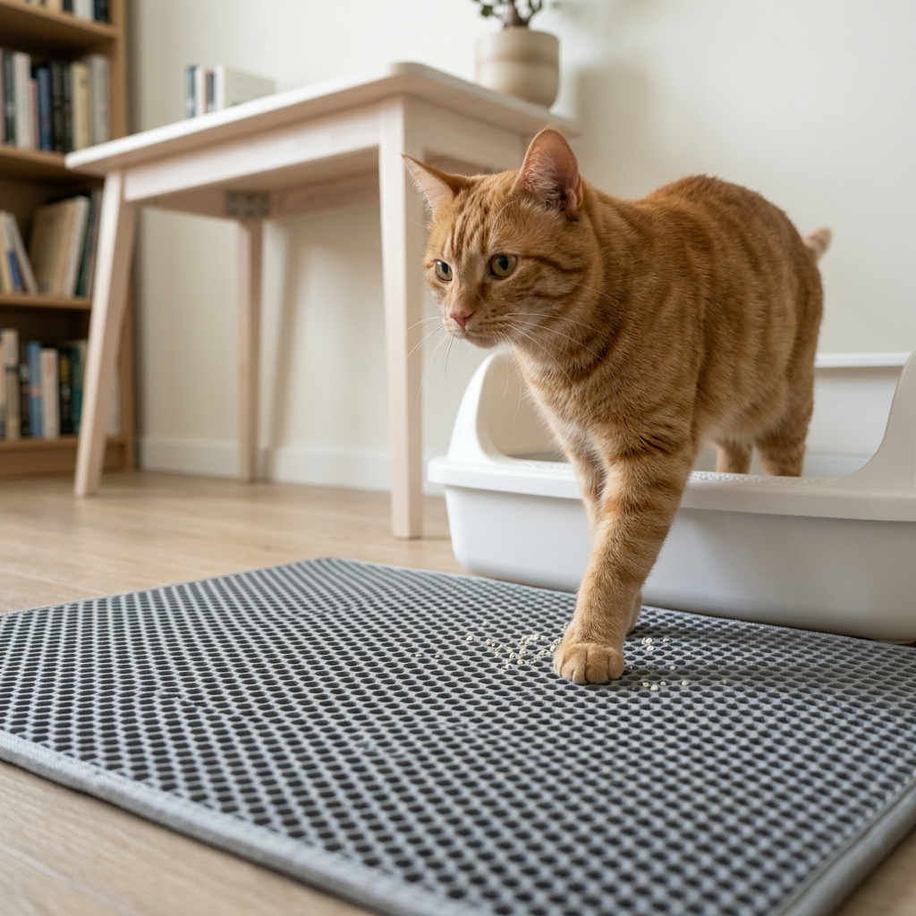 Tapis litière chat gris devant un bac à litière, avec un chat roux qui en sort dans un bureau lumineux.