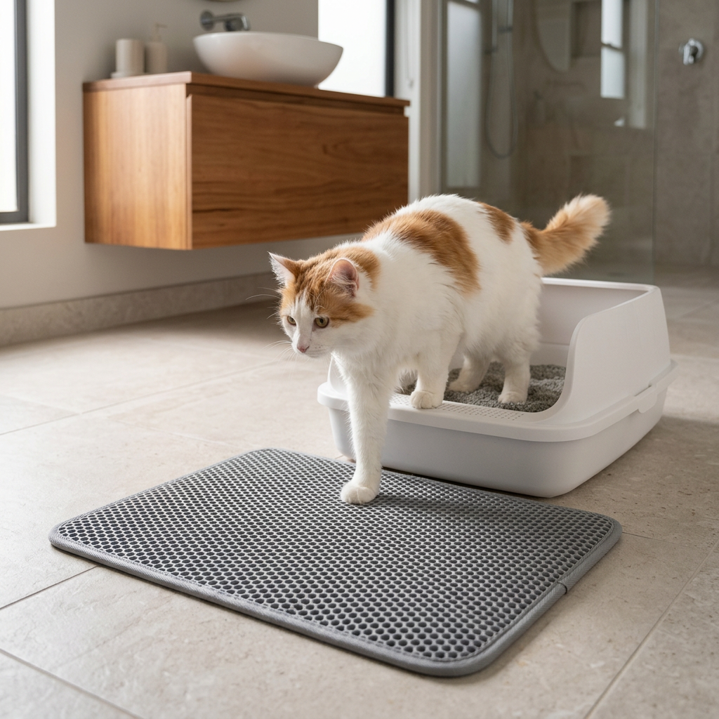 Tapis litière chat gris sous les pattes d’un chat blanc et roux qui entre dans son bac à litière dans une salle de bain.