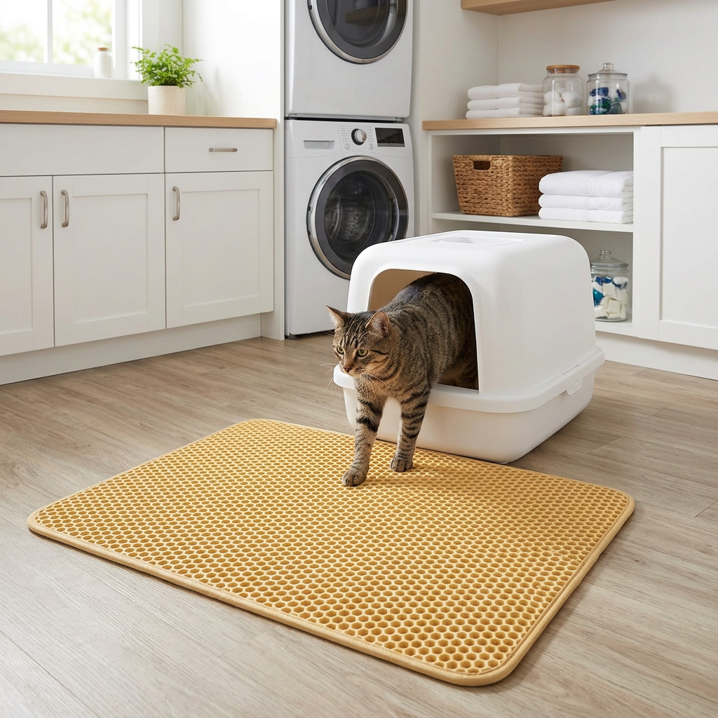 Tapis litière chat jaune sable avec un chat tigré sortant de son bac dans une buanderie