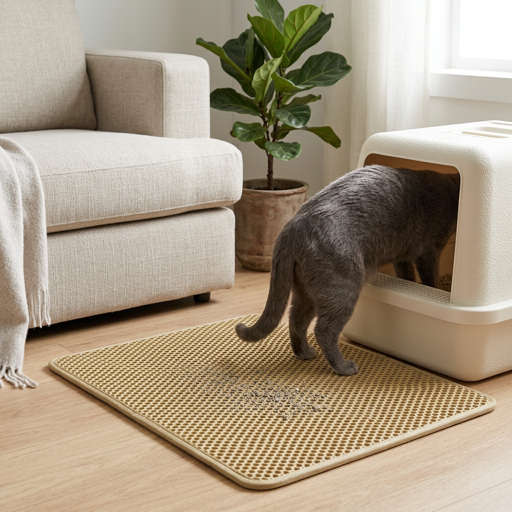 Tapis litière chat khaki sous les pattes arrière d’un chat gris qui entre dans son bac à litière dans un salon.